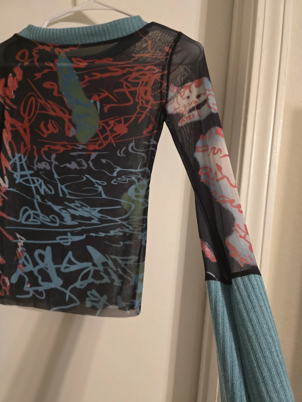 Y2K Vintage Sheer Slim Top Long Sleeve Round Neck Pattern Print Mesh Patchwork S - Picture 12 of 17